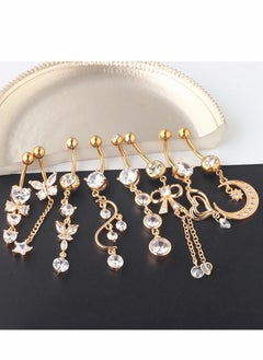 Excefore Belly Button Rings, 8 Pcs 14G Stainless Steel Long Dangle Navel Ring CZ Body Piercing Jewelry for Women(Gold)  - Image 5