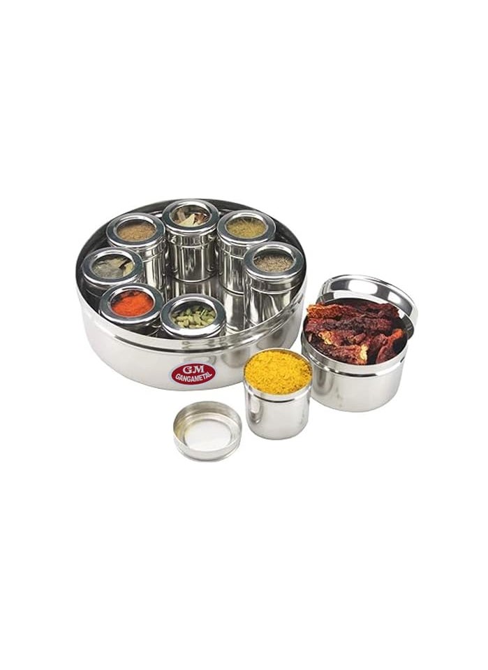 GANGAMETAL GANGAMETAL Stainless Steel 9 IN 1 Spice Box Masala Dabba For Kitchen Steel Masala Box For Kitchen Steel Masala Dani For Kitchen See Through Lid 9 Containers with 9 Spoon  - Image 3