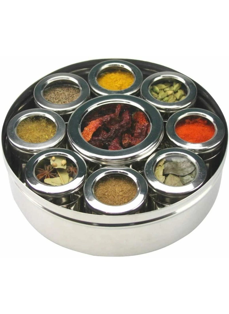GANGAMETAL GANGAMETAL Stainless Steel 9 IN 1 Spice Box Masala Dabba For Kitchen Steel Masala Box For Kitchen Steel Masala Dani For Kitchen See Through Lid 9 Containers with 9 Spoon  - Image 4