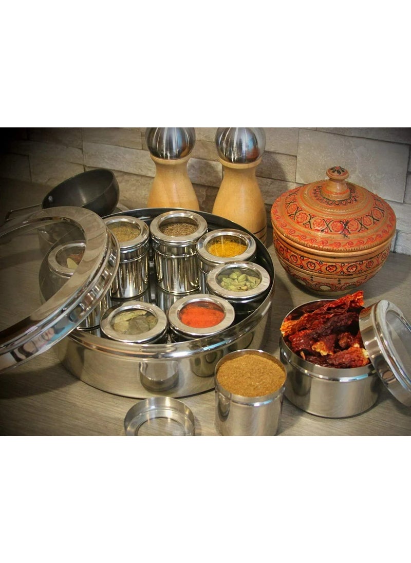 GANGAMETAL GANGAMETAL Stainless Steel 9 IN 1 Spice Box Masala Dabba For Kitchen Steel Masala Box For Kitchen Steel Masala Dani For Kitchen See Through Lid 9 Containers with 9 Spoon  - Image 2