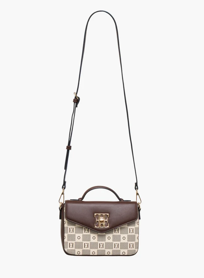 ELLE Monogram Print Crossbody Bag with Flap Closure and Detachable Strap