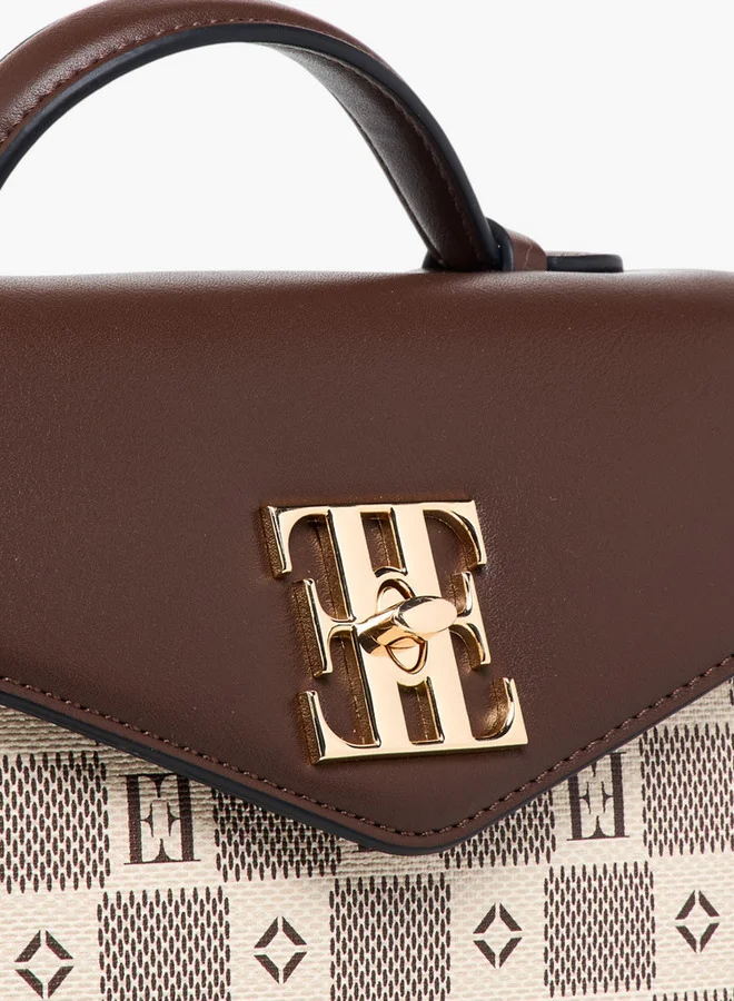 ELLE Monogram Print Crossbody Bag with Flap Closure and Detachable Strap