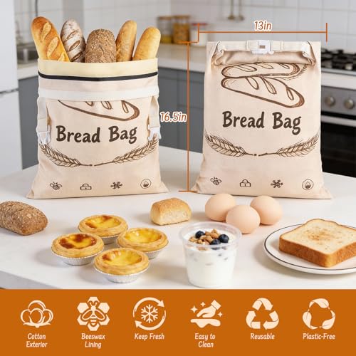 Lemoobolsa 2-Pack Reusable Beeswax Bread Bags for Sourdough & HomemadeBread with Zipper, 16.5 x 13 inch bread bags for Food Storage - Image 2