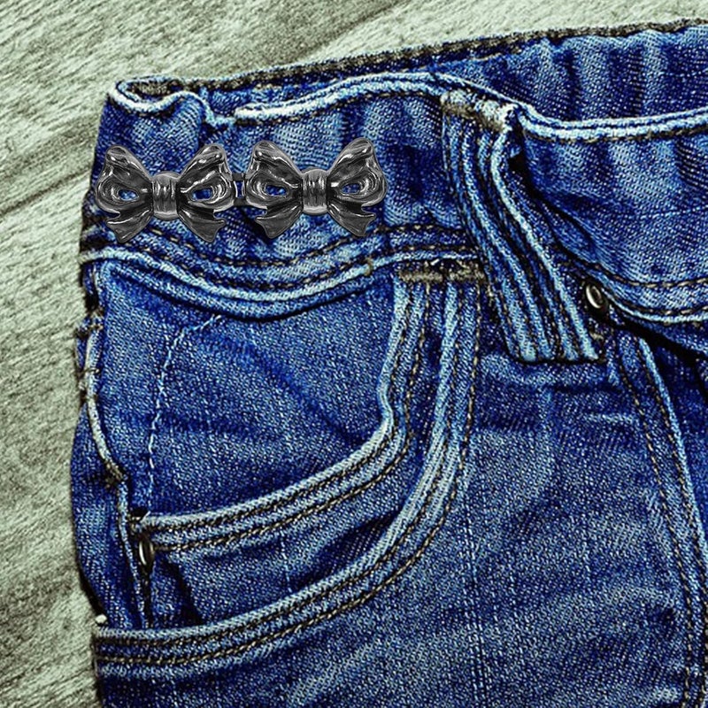 Adjustable Waist Buckle Clip and Detachable Button Set for Jeans Pants Waist Tightener, 2 Pairs Metal Pin and Tuck Buckles with Dark and Metallic Bow Design, Size down Waistband - Image 3