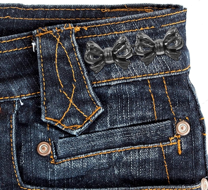 Adjustable Waist Buckle Clip and Detachable Button Set for Jeans Pants Waist Tightener, 2 Pairs Metal Pin and Tuck Buckles with Dark and Metallic Bow Design, Size down Waistband - Image 4