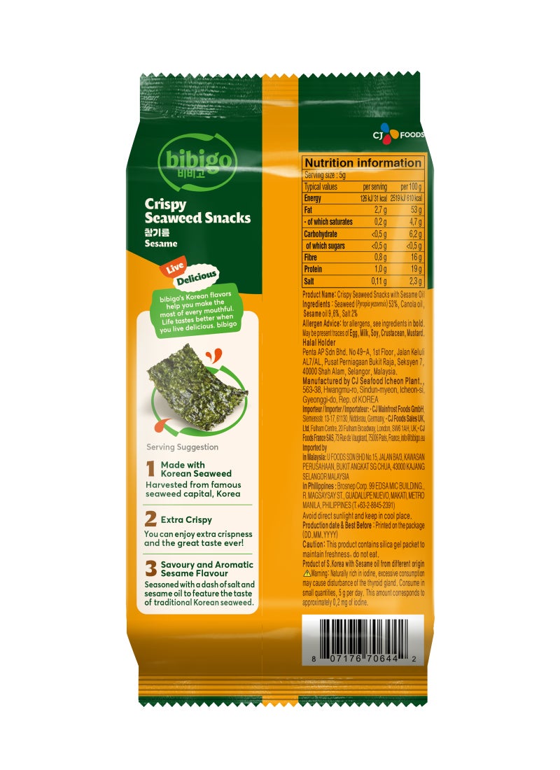 Bibigo Cj Bibigo Snack Gim, Seasoned Seaweed Sesame 5grams X 3Packs, Multi Color - Image 3