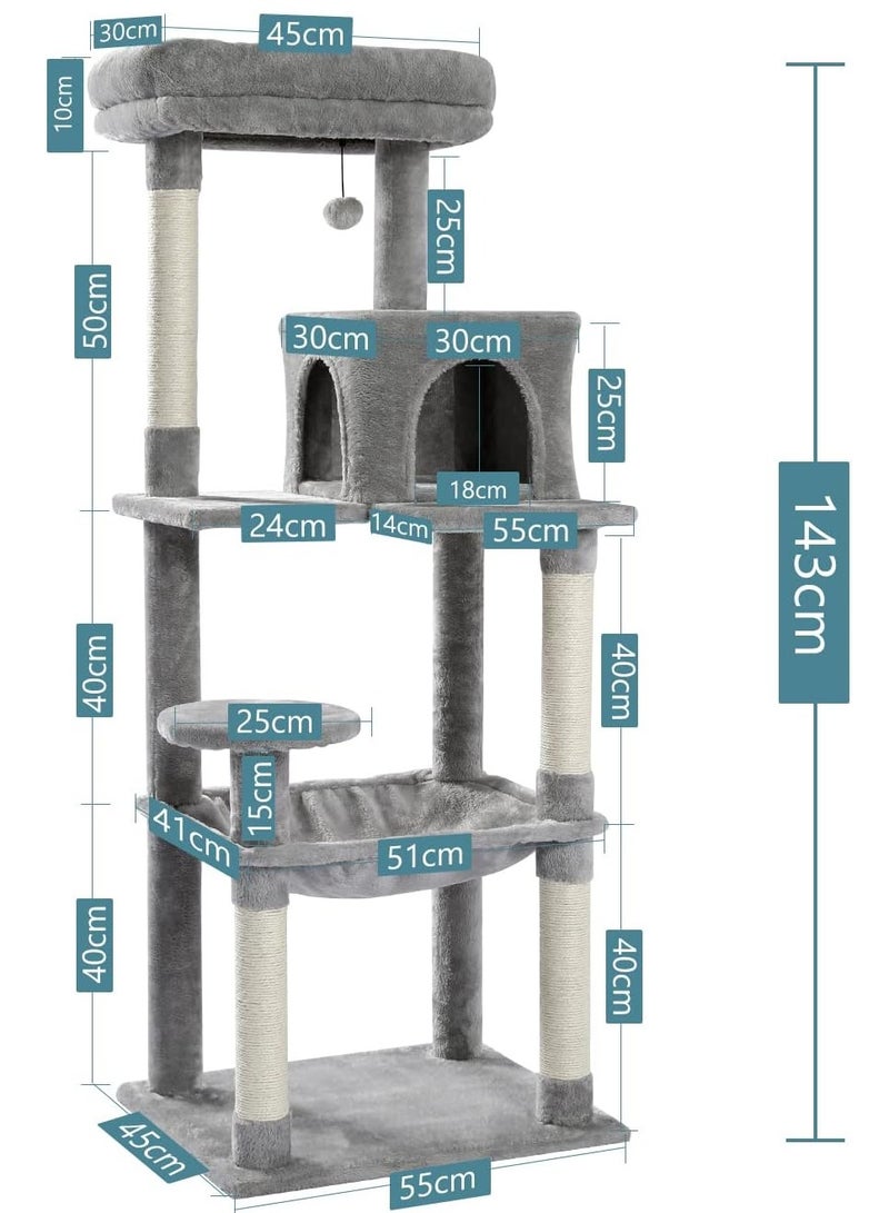 Alissa 143cm Tall Cat Tree for Indoor Cats Multi-Level Cat Tower with Sisal Covered Scratching Posts Cozy Condo Super Large Hammock and Plush Perches Grey  - Image 4