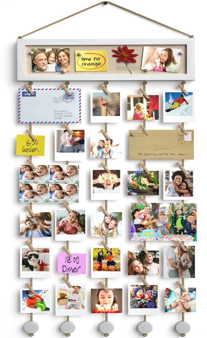 COLLAGE PICTURE FRAMES HANGING PHOTO DISPLAY MULTI PICTURES ORGANIZER WITH WOOD BULLETIN BOARD PHOTO BOARD 30 CLIPS AND 6 PUSHPINS FOR ROOM WALL DECOR WHITE