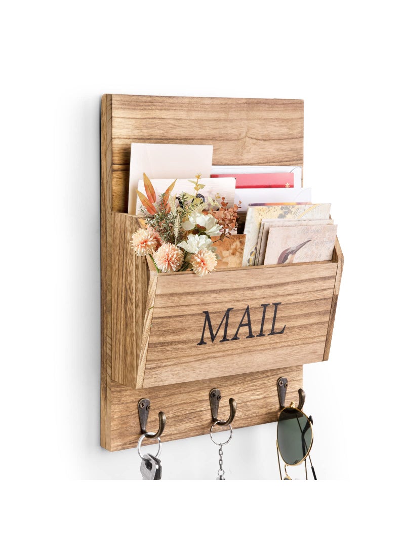 DLQuarts DLQuarts Mail Organizer with Key Holder for Wall Decorative Mail Sorter Wall Mounted Wooden Mail Holder with 3 Hooks Carbonized Brown 