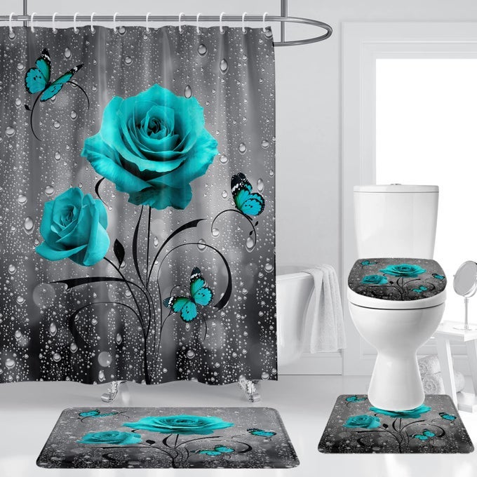 TEAL ROSE SHOWER CURTAIN SET BATHROOM RUGS FLOWER AQUA BATH MAT NONSLIP SOFT TOILET LID COVER ABSORBENT BATH RUG KITCHEN FLOOR CARPET 60X72 INCH