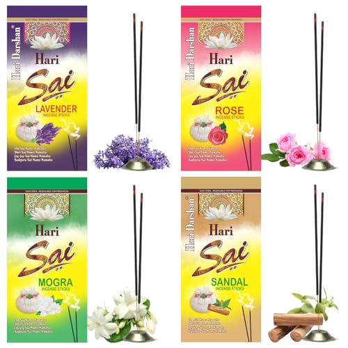 Hari Darshan Hari Sai Combo Agarbatti| Sandal | Lavender | Mogra | Rose | Long Incense Sticks Agarbatti |Fragrance for Daily Pooja, Havan, Meditation | Pack of 4- (120 g Each Approx. 400 Sticks) - Image 1