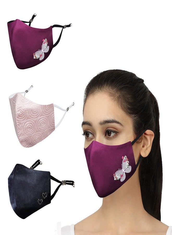 MASQ By Q-One 4 Layer Washable, Reusable, Size Adjustable, Anti-Bacterial (BFE>99%) Embroidered Cotton Cloth Face Mask Combo for Women, Girls with 1 Detachable Chain (Multicolor, Medium, Pack of 3) - Image 1