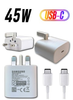 45W Samsung Super Fast Charging Adaptive UK Wall Plug and Type C to Type C Data Sync Cable/Lead For Samsung Galaxy Note 10,10+ Plus 5,10,S10,S10+,S10e,S9,S9, all Type C Devices-White
