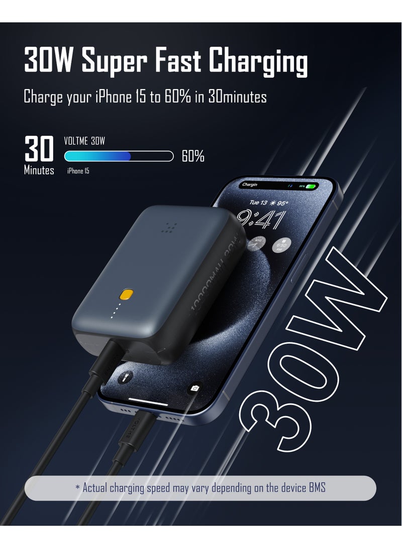فولتمي بنك الطاقة VOLTME Hypercore Pro Ultra بسعة 10000 مللي أمبير | شحن سريع بقوة 30 واط بتقنية PD و QC 3.0 | شاحن صغير محمول فائق الصغر مزود بمنفذ USB-C للإدخال/الإخراج ومنفذ USB-A | شاحن متنقل لأجهزة iPhone 17/16/15 و iPad - أزرق - Image 2