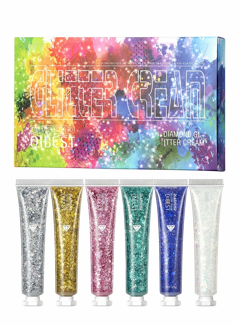 Body Glitter Gel, 6 Pack, Face Glitter for Body, Eye, Hair, Nails, Long Lasting Sparkling Mermaid Chunky Glitter Gel for Festival Art Party - Image 5