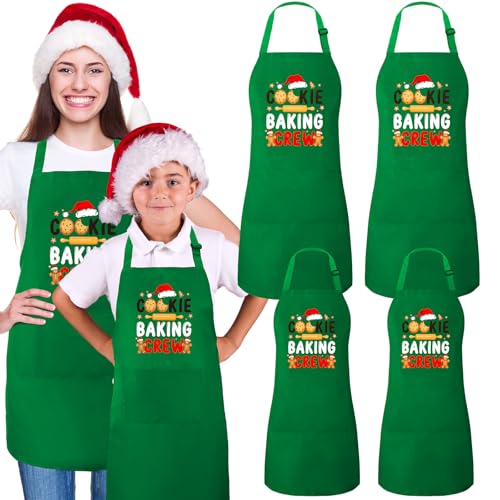 Suhine 4 Pack Christmas Aprons Adults Green Christmas Kitchen Cooking Baking Cookie Crew Matching Aprons with Pockets Cute Adjustable BBQ Bib Funny Holiday Chef Apron Gift for Xmas Party Decorations - Image 1