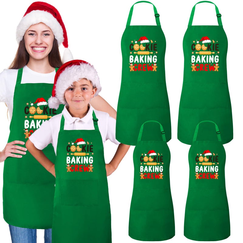 Suhine 4 Pack Christmas Aprons Adults Green Christmas Kitchen Cooking Baking Cookie Crew Matching Aprons with Pockets Cute Adjustable BBQ Bib Funny Holiday Chef Apron Gift for Xmas Party Decorations - Image 2