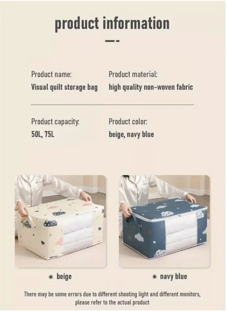 PAMEER - Large Capacity Clothes Storage Bag With Reinforced Handle, Multi-Use Organizer Space Saver Suitable for Blankets, Bedding, Foldable Organizer With Zipper, Clear Window, 55 x 35 x 25 cm, 50L Capacity - Image 1