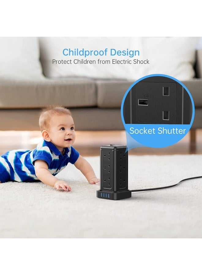 BEPiTECH 5-meter 16-In-1 Power Extension Cord Tower,12 UK-UAE Power Sockets, Desktop Charging Station 2500W, 4 Smart USB Slots Surge Protected Fire Proof, Heavy Duty Lead Strip for Office Supplies - Image 4