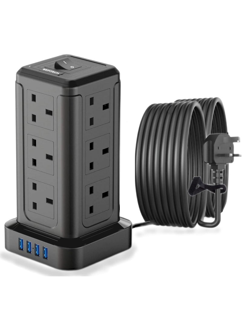 BEPiTECH 5-meter 16-In-1 Power Extension Cord Tower,12 UK-UAE Power Sockets, Desktop Charging Station 2500W, 4 Smart USB Slots Surge Protected Fire Proof, Heavy Duty Lead Strip for Office Supplies - Image 1