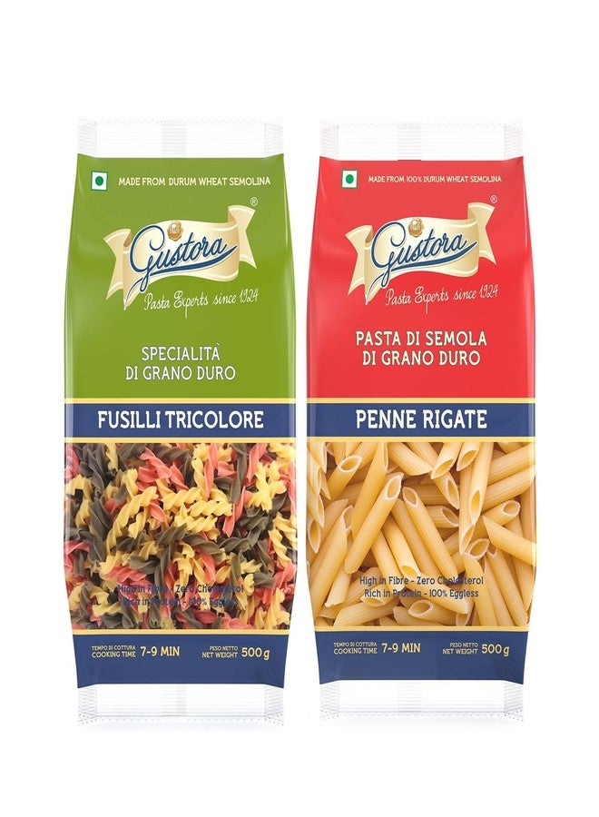 Gustora Healthy Fusilli Tricolore & Penne Rigate Pasta Combo Made Of Durum Wheat Semolina I Rich In Protein & Fibre I Zero Cholesterol I Vegetarian I No Trans - Fat I Cooking Time 10 Min- (500 Gm X 2) - Image 1