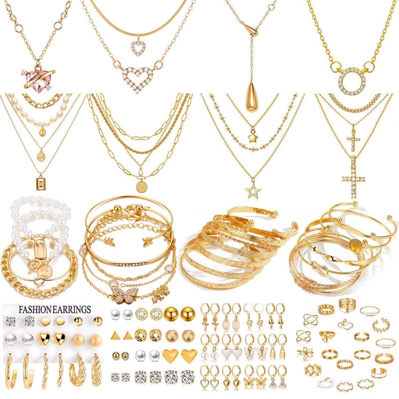 IFNODO 116Pieces Gold Plated Jewelry Set with 8 PCS Necklace, 22 PCS Bracelet, 66 PCS Stud Dangle Earring, 20 Pcs Knuckle Rings for Women Valentine Anniversary Friendship Gifts (GOLD SET) - Image 1