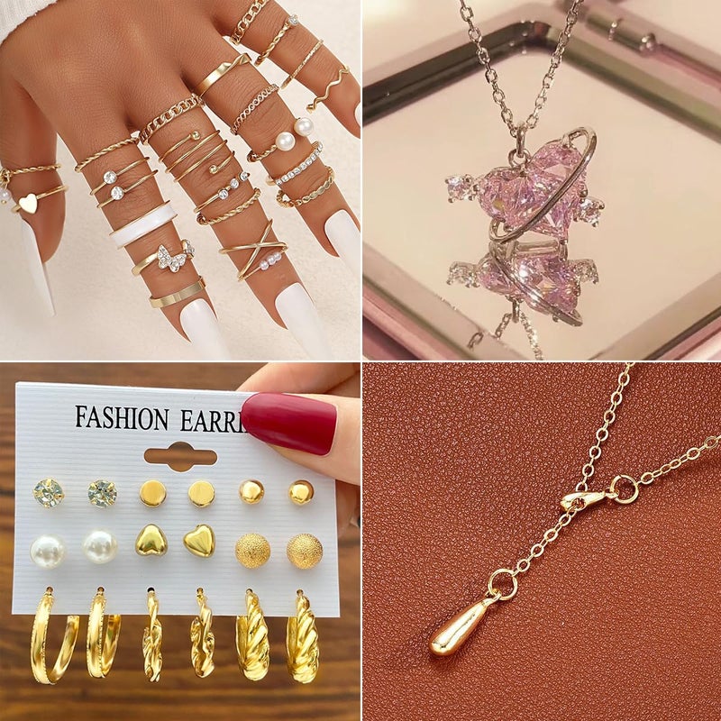 IFNODO 116Pieces Gold Plated Jewelry Set with 8 PCS Necklace, 22 PCS Bracelet, 66 PCS Stud Dangle Earring, 20 Pcs Knuckle Rings for Women Valentine Anniversary Friendship Gifts (GOLD SET) - Image 2