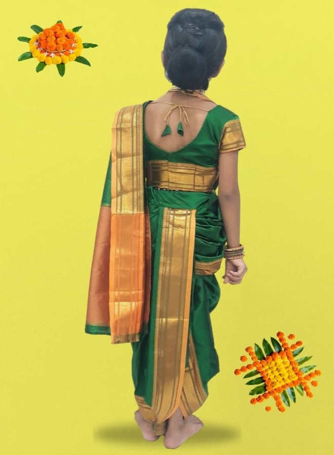 LUSTER Peshwai/Brahmni Nauwari saree for baby girl Ready-to-wear stitched blouse, belgaon silk paithani border Maharashtrian Marathi saree, use for School program, Ganpati festival (Green, 18-24) - Image 2
