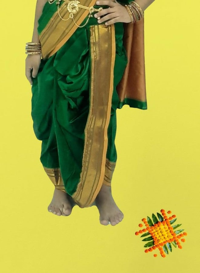 LUSTER Peshwai/Brahmni Nauwari saree for baby girl Ready-to-wear stitched blouse, belgaon silk paithani border Maharashtrian Marathi saree, use for School program, Ganpati festival (Green, 18-24) - Image 5
