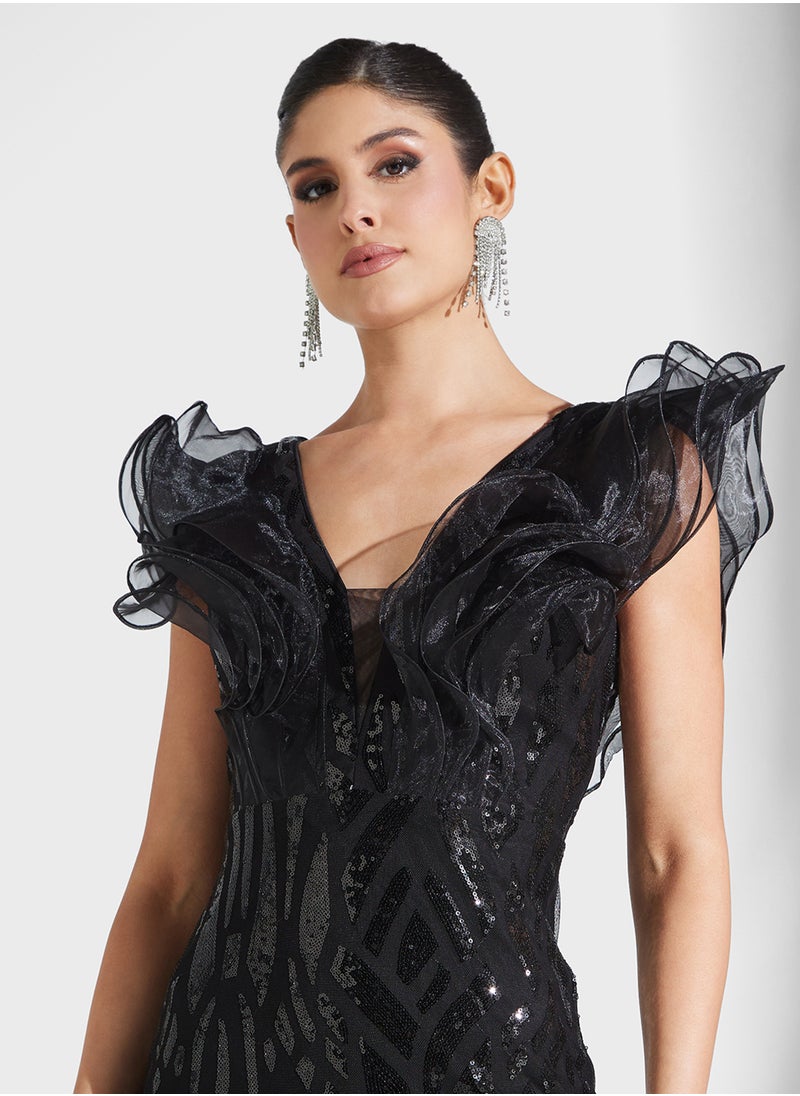Little Mistress Embelished Texture Ruffle Shoulder Sleeveless V-Neck  Fishtail Dress  - Image 3