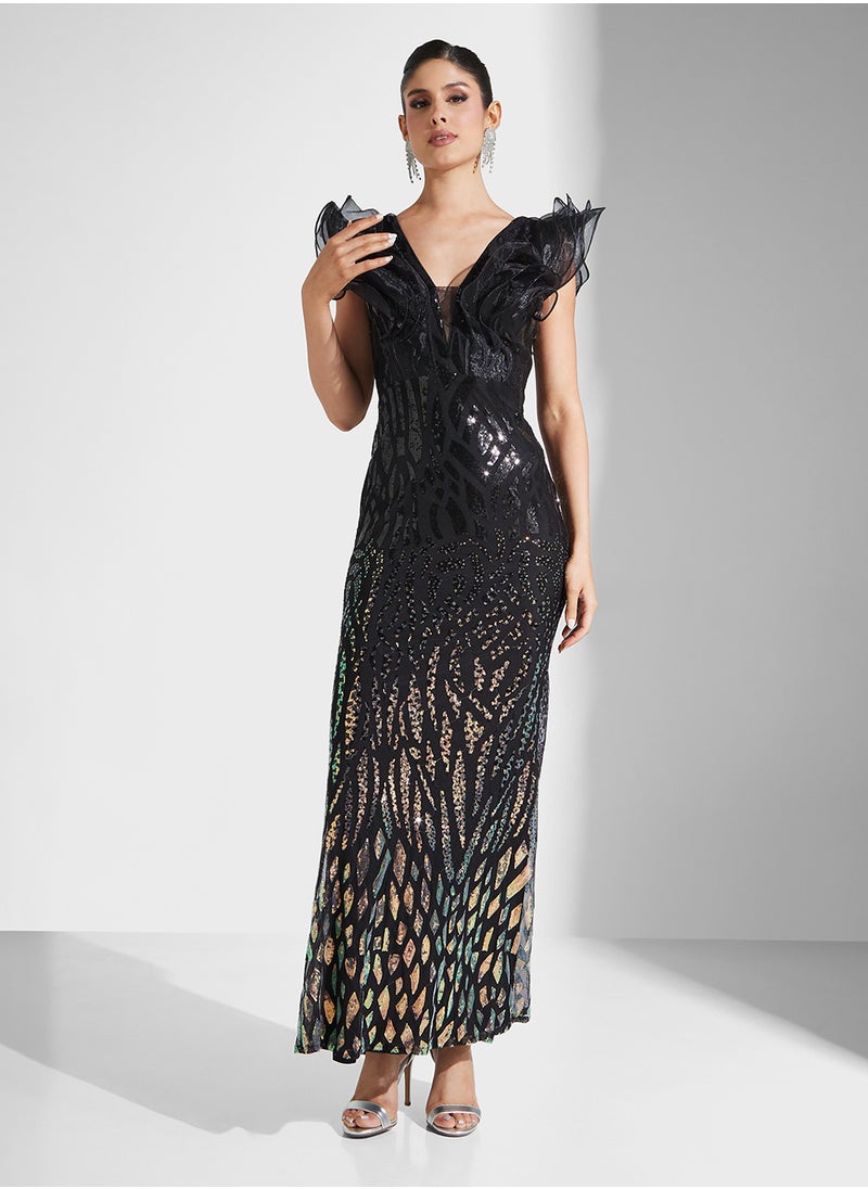 Little Mistress Embelished Texture Ruffle Shoulder Sleeveless V-Neck  Fishtail Dress  - Image 4