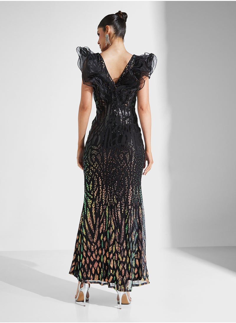 Little Mistress Embelished Texture Ruffle Shoulder Sleeveless V-Neck  Fishtail Dress  - Image 2