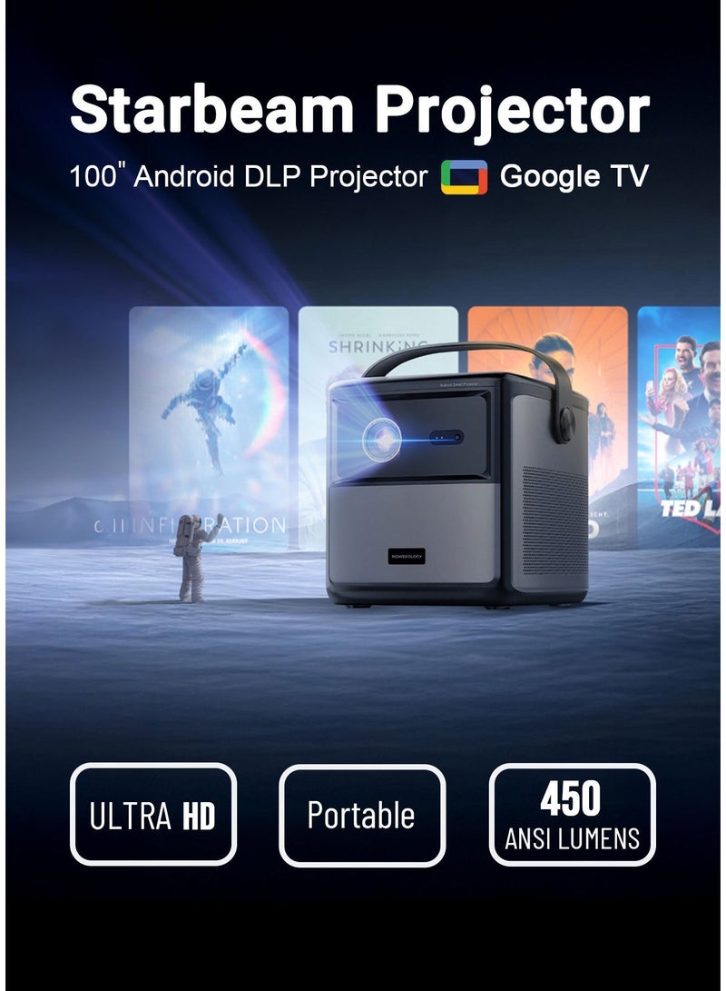 باورولوجي بروجكتور ستاربيم 100" أندرويد DLP بدقة 4K، بروجكتور Full HD 1920x1080 مع 3 ساعات وقت عمل، بروجكتور محمول مع مكبرين صوت 100 واط + جهاز تحكم عن بُعد، متوافق مع HDMI/USB/TV - Image 2