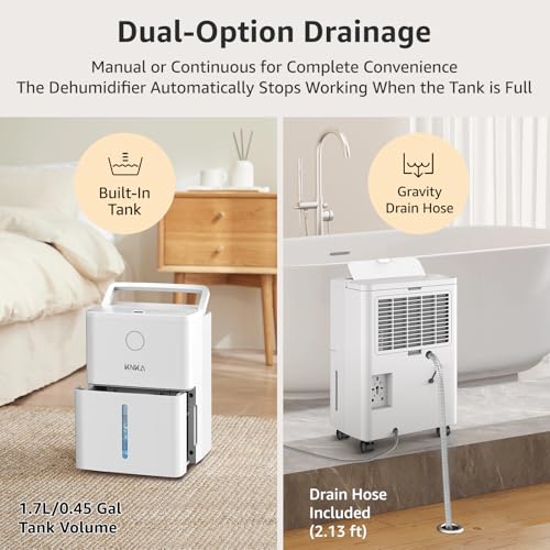 KNKA 1600 sq.ft Dehumidifier for Basement, 21 Pint Dehumidifiers for Home with Drain Hose, Continuous Drainage, Washable Filter, Intelligent Humidistat for Bedroom, Bathroom, Large Room - Image 3