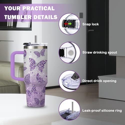 xiiai Butterfly Gifts for Women 30oz Purple Butterfly Tumbler with Handle and Straws Stainless Steel Insulated Travel Coffee Mugs, Leak-Proof, Birthday Christmas Gifts for butterflies Lover Water Cup - Image 3