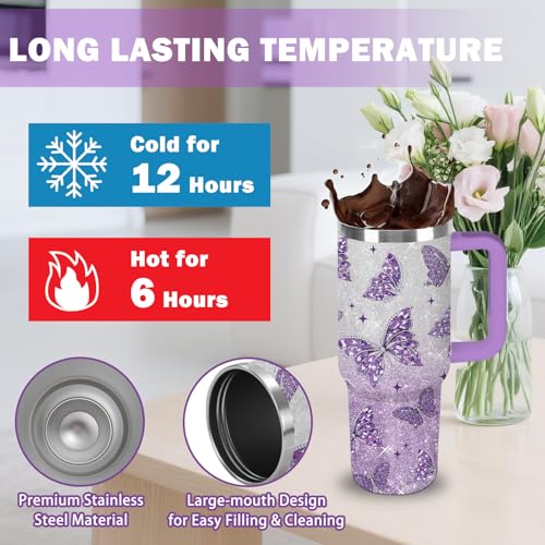 xiiai Butterfly Gifts for Women 30oz Purple Butterfly Tumbler with Handle and Straws Stainless Steel Insulated Travel Coffee Mugs, Leak-Proof, Birthday Christmas Gifts for butterflies Lover Water Cup - Image 5