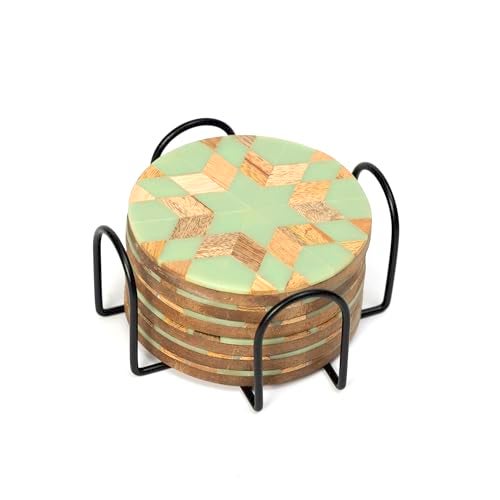 DULI Round Resin Inlay Work Coasters Set of 6 with Stand - Bar Wine Coasters for Table - Set of 6 Classy Yet Stylist Handmade Marble Stone Coaster Set with Holder (InlayCoasterW/Stand: RdBlueStar) - Image 3