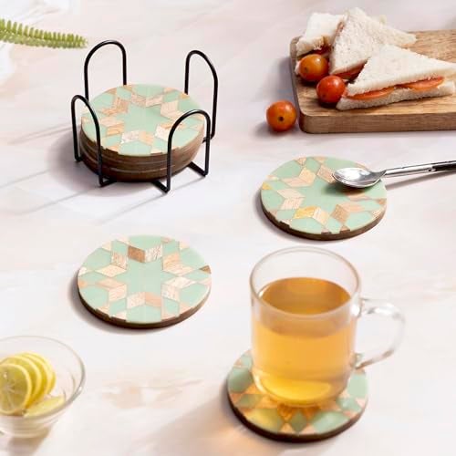 DULI Round Resin Inlay Work Coasters Set of 6 with Stand - Bar Wine Coasters for Table - Set of 6 Classy Yet Stylist Handmade Marble Stone Coaster Set with Holder (InlayCoasterW/Stand: RdBlueStar) - Image 1