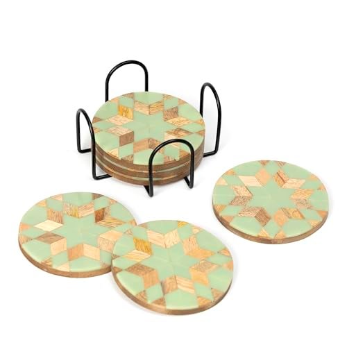 DULI Round Resin Inlay Work Coasters Set of 6 with Stand - Bar Wine Coasters for Table - Set of 6 Classy Yet Stylist Handmade Marble Stone Coaster Set with Holder (InlayCoasterW/Stand: RdBlueStar) - Image 4