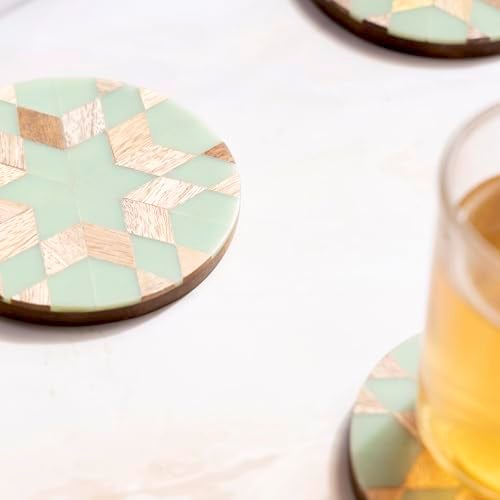 DULI Round Resin Inlay Work Coasters Set of 6 with Stand - Bar Wine Coasters for Table - Set of 6 Classy Yet Stylist Handmade Marble Stone Coaster Set with Holder (InlayCoasterW/Stand: RdBlueStar) - Image 2