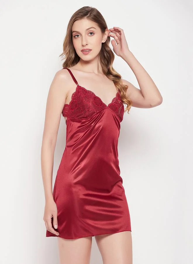 Clovia Clovia Lace Cup Detail Satin Babydoll with Tie Back