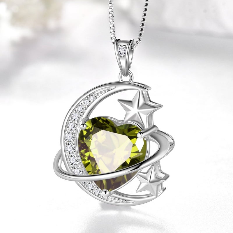Juwaliy 13MM Women Moon and Star Necklace Heart August Birthstone 925 Sterling Silver Pendant Green Peridot Celestial Jewelry Christmas Birthday Valentines Gift for Her/Wife/Mother - Image 3