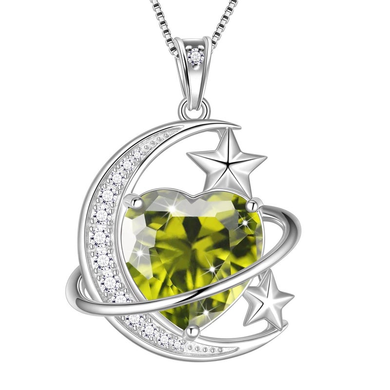 Juwaliy 13MM Women Moon and Star Necklace Heart August Birthstone 925 Sterling Silver Pendant Green Peridot Celestial Jewelry Christmas Birthday Valentines Gift for Her/Wife/Mother - Image 1