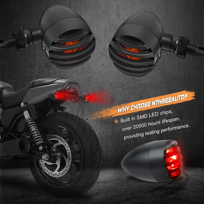 NTHREEAUTO Motorcycle Blinkers, Waterproof Aluminum Bullet LED Turn Signals, Rear Red Indicator Light Compatible with Harley Dyna, Honda, Yahama, Bobber,Suzuki and Kawasaki 12V Motorbikes - Image 3