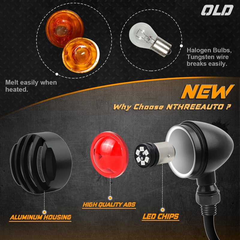 NTHREEAUTO Motorcycle Blinkers, Waterproof Aluminum Bullet LED Turn Signals, Rear Red Indicator Light Compatible with Harley Dyna, Honda, Yahama, Bobber,Suzuki and Kawasaki 12V Motorbikes - Image 2