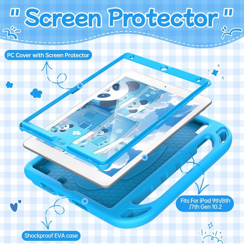 BMOUO Kids Case for iPad 9th/8th/7th Generation (iPad 10.2 Inch, 2021/2020/2019) with Built-in Screen Protector, Durable Shockproof Handle Stand iPad 9th 8th 7th Generation Case for Kids, Blue - Image 3