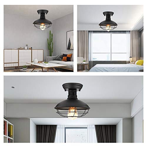 FRIDEKO HOME Farmhouse Flush Mount Ceiling Light - Easric Industrial Ceiling Light Fixture Rustic Black Metal Cage Close to Ceiling Lamp E26 Base for Hallway Foyer Kitchen Porch - Image 3