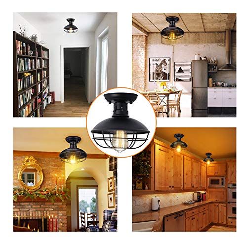 FRIDEKO HOME Farmhouse Flush Mount Ceiling Light - Easric Industrial Ceiling Light Fixture Rustic Black Metal Cage Close to Ceiling Lamp E26 Base for Hallway Foyer Kitchen Porch - Image 5