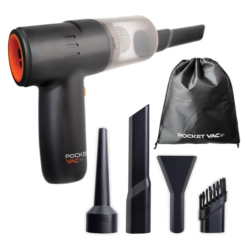 Pocket Vac مكنسة كهربائية محمولة جيب لاسلكية مدمجة، مكنسة خفيفة الوزن للاستخدام اليدوي في المنزل والمطبخ وزوايا السيارة والأثاث وشعر الحيوانات الأليفة والغبار وفتات الطعام - Image 1
