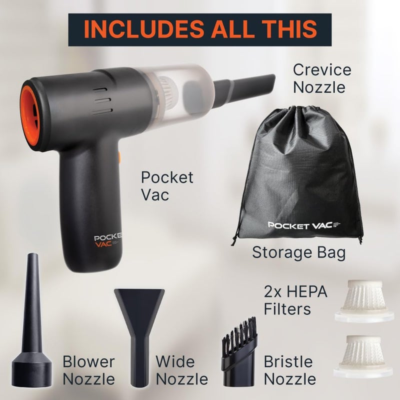 Pocket Vac مكنسة كهربائية محمولة جيب لاسلكية مدمجة، مكنسة خفيفة الوزن للاستخدام اليدوي في المنزل والمطبخ وزوايا السيارة والأثاث وشعر الحيوانات الأليفة والغبار وفتات الطعام - Image 3